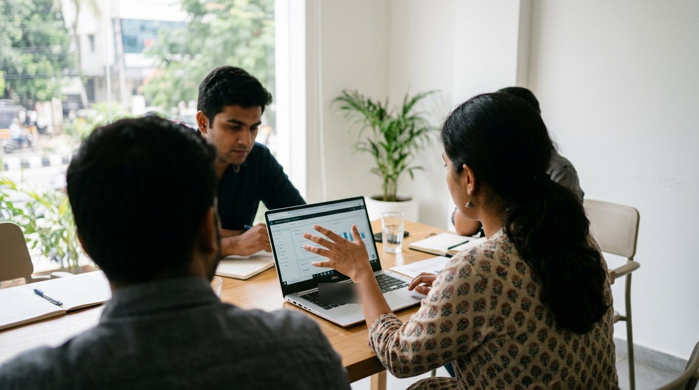 A team reviewing work together in an office